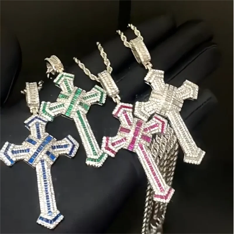 14K Gold Long Lab Moissanite Cross Pendant Wedding Pendants Necklace For Women'S Men Hiphop Jewelry