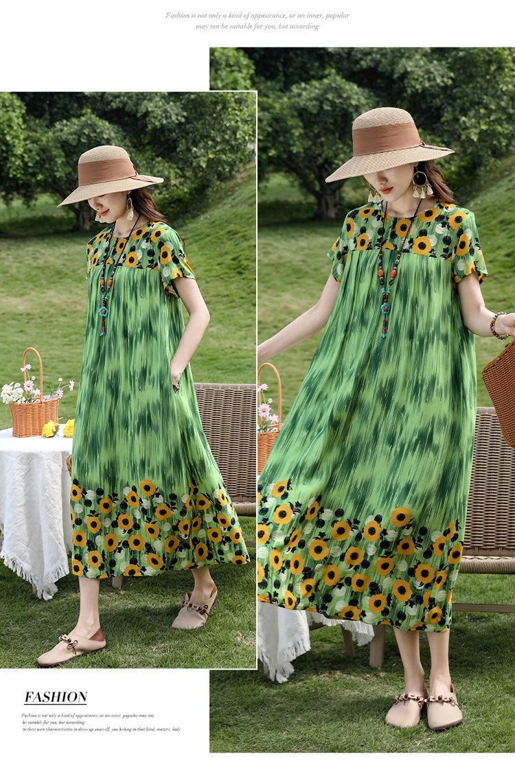 New Fashion Casual 2025 Summer Elegant Dresses For Women O-Neck Print Vintage Short Sleeve Dress Loose Women Clothing