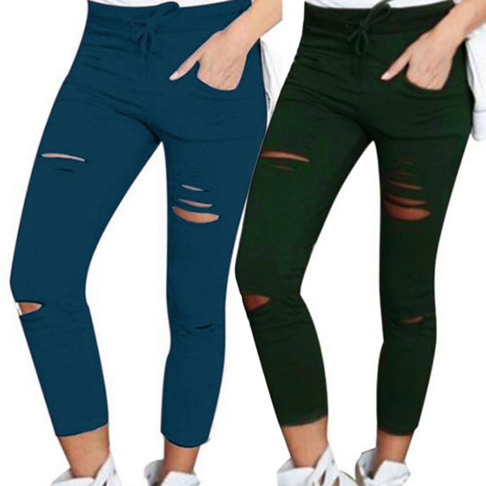 Solid Color Drawstring High Waist Pencil Pants Ripped Skinny Leggings High Waist Pencil Pants Ripped Skinny Leggings