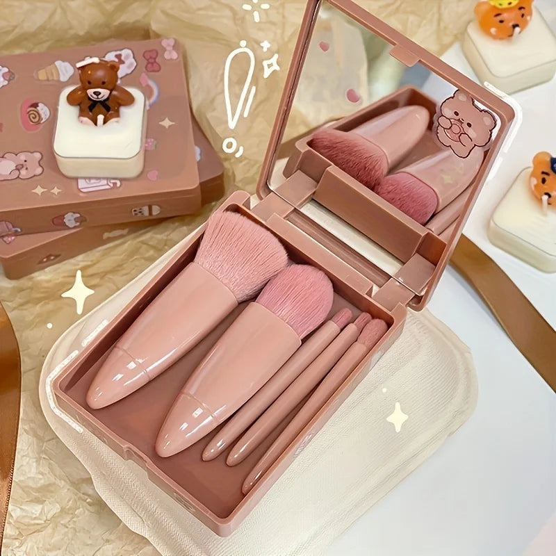 Liplns 5-Piece Portable Makeup Brush Set with Mirror - Travel Kit