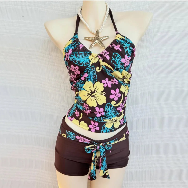 Tropical Floral Print Halter Tankini Swimsuit, V-Neck Top & Boyshort Bottom Two-Piece Set