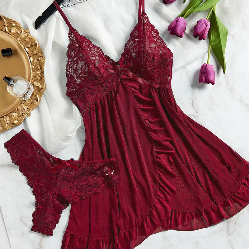 Summer Hot Sexy Sleepwear Dress Sleeveless Backless Women Lace Sheer Nightdress Solid Color Soft Pajamas Short V-neck Thong Set