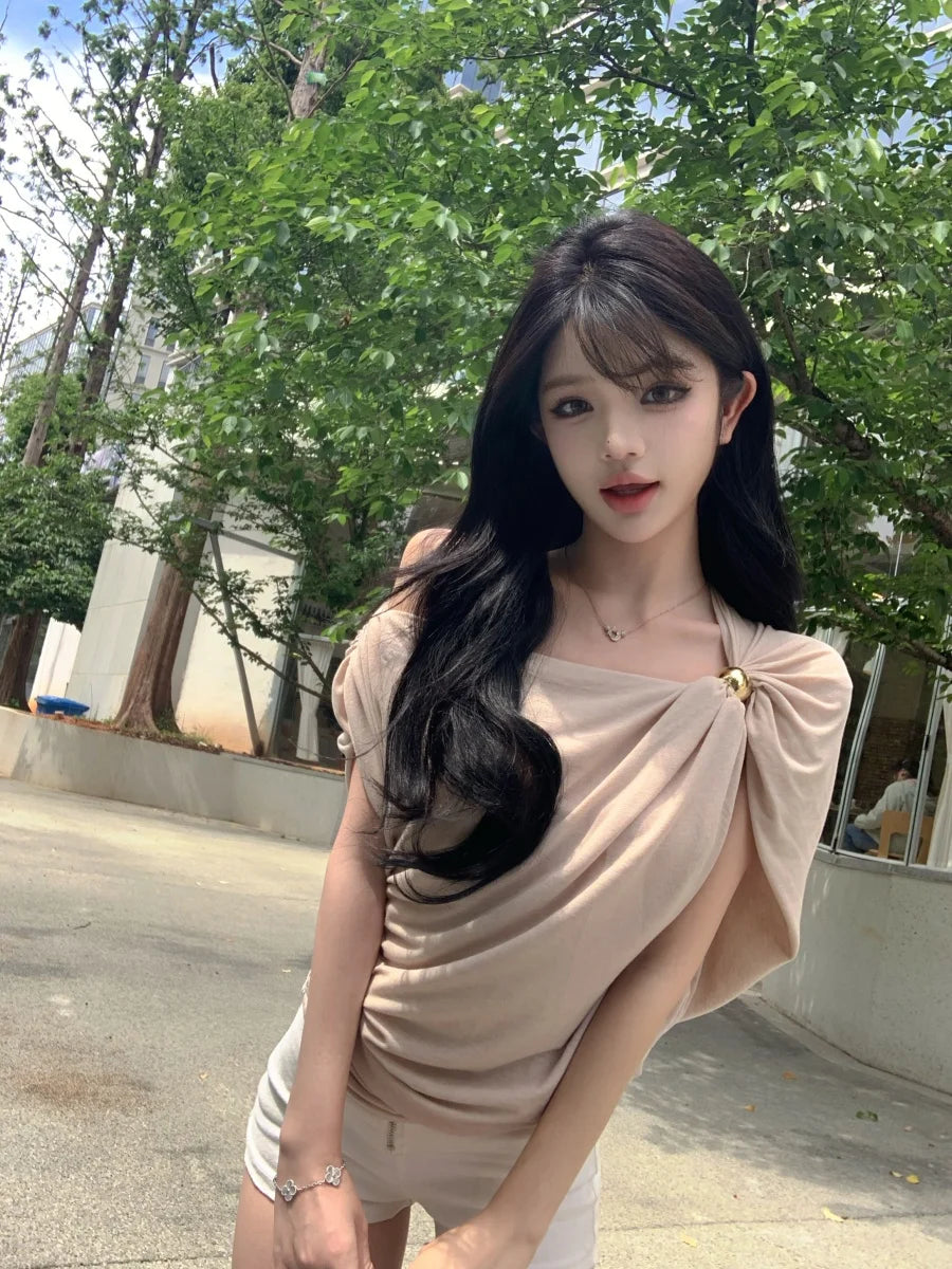 Sexy Slim Fit Metal Buckle Asymmetrical Shoulder Top Pleated Design Versatile Single Wear Tank Top Breathable Short Length