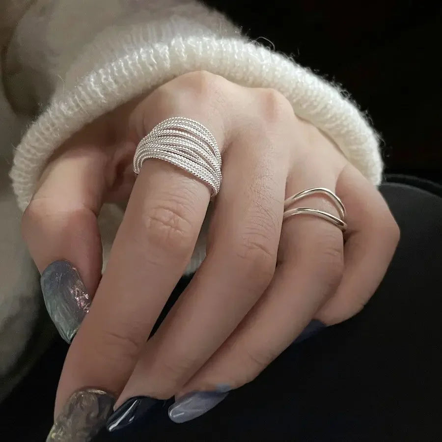 Personality Design Trendy Silver Color Multi-Line Ring For Women'S Girl Charm Opening Irregularity Finger Ring Set Jewelry