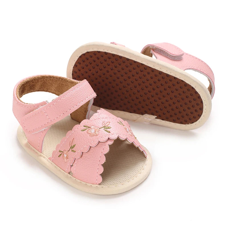 Baby Girls Bow Floral First Walker Sandals - Breathable PU Leather