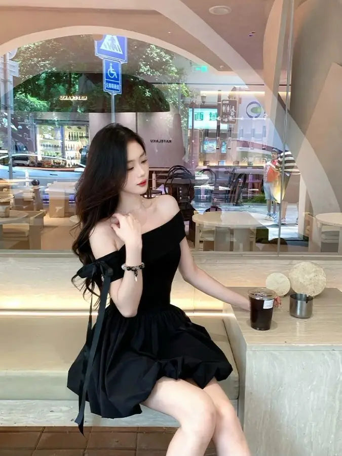 Black Off Shoulder Mini Dress With Bow Decor Ruched Waist Flared Silhouette For Women