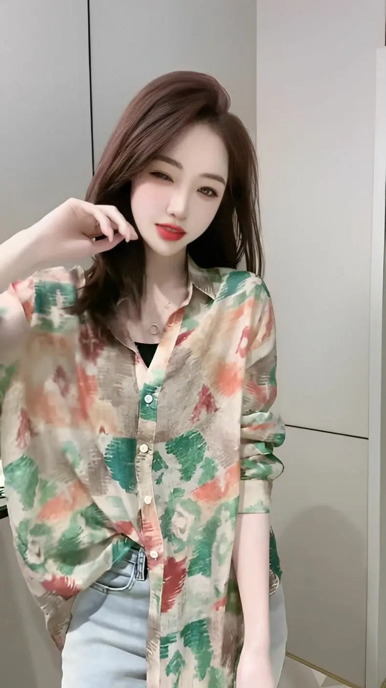 Spring 2026 Floral Print Loose Long Sleeve Women's Shirt Fashionable Versatile Korean Style Commute Polonaise Polyester Fiber
