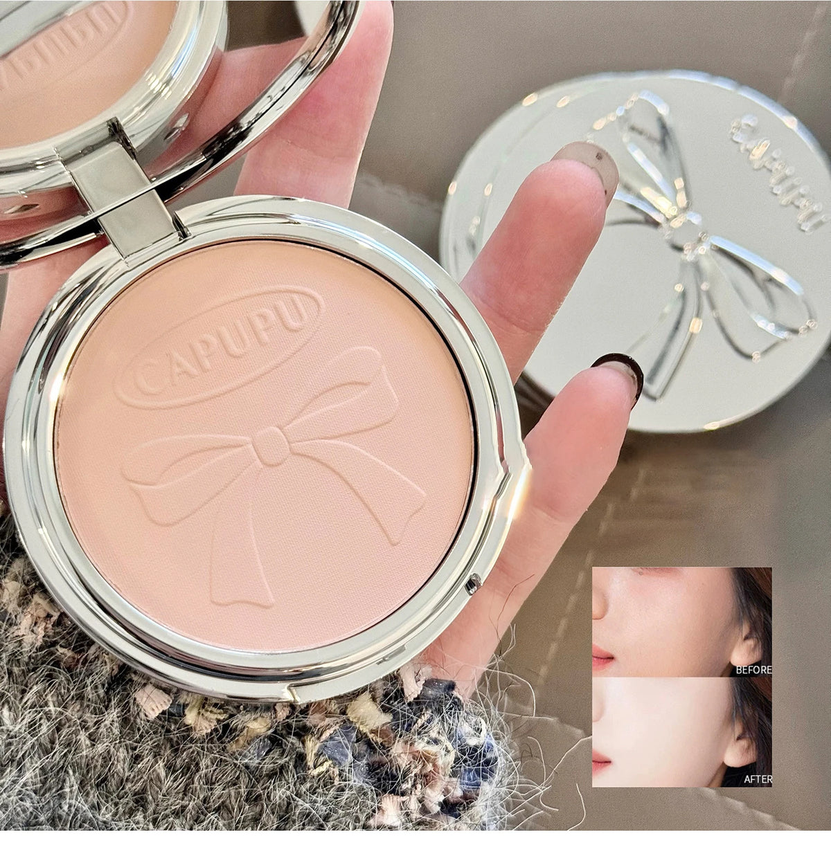 Bowknot Pressed Powder Transparent White Matte Brighten Concealer Long-lasting Oil Control Face Makeup Smooth Setting Powder