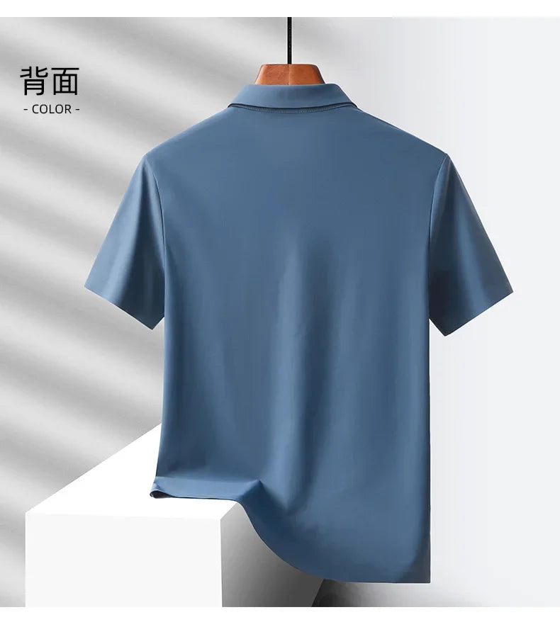 Summer Ice Silk Quick Drying Loose Polo Shirt Middle Aged Men's Solid Lapel Button Simple Versatile Casual Thin Short Sleeve Top