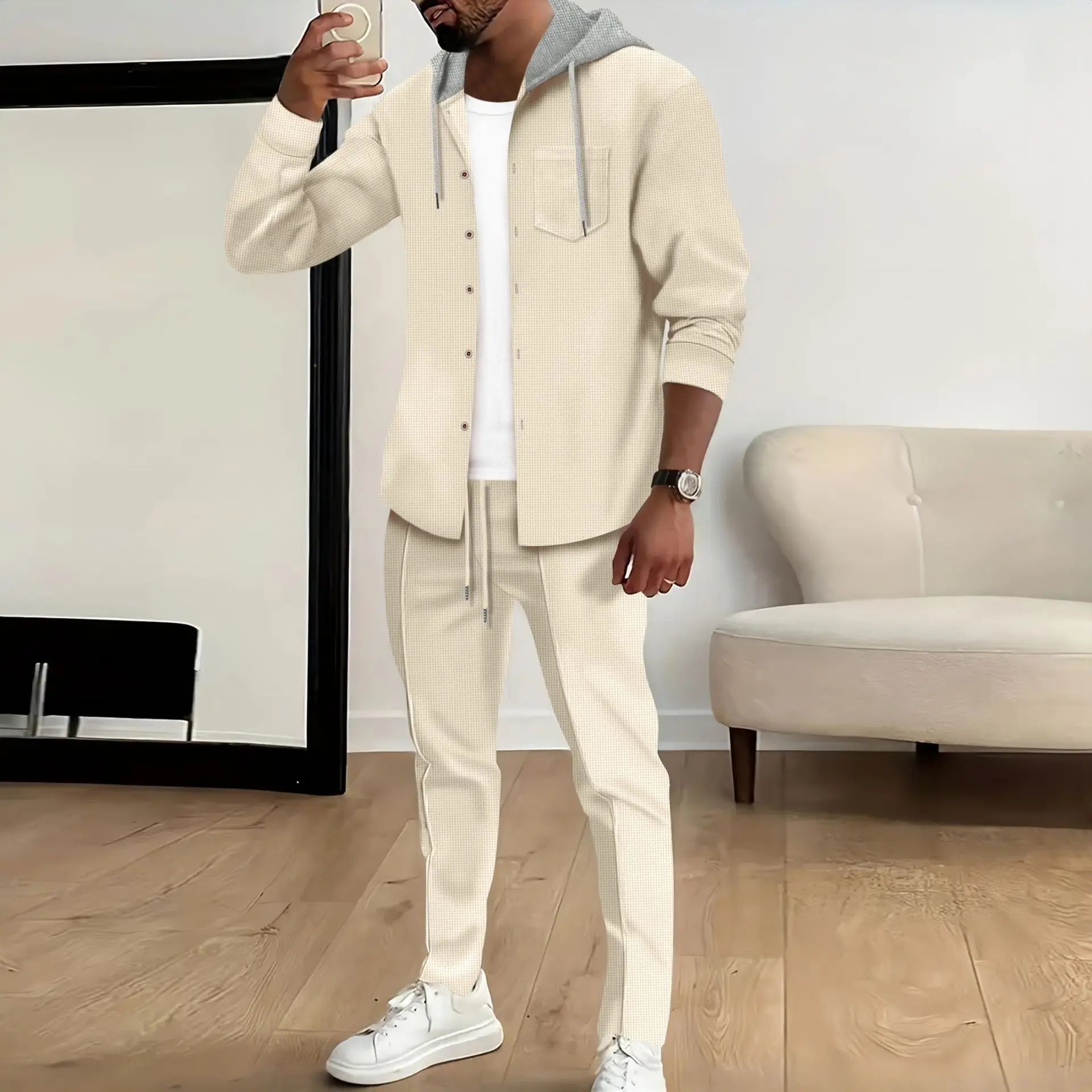 Spring And Autumn New Waffle Men'S Casual Slim-Fit Hooded Long-Sleeved Cardigan Matching Color Fashion High Quality Tracksuit Pa