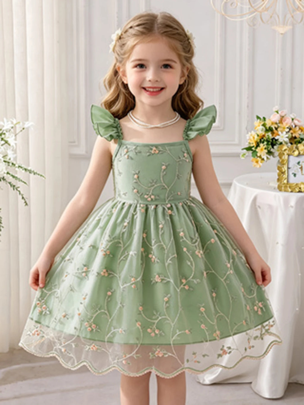 Girls' Green Floral Tulle Princess Dress, Summer Flutter Sleeve Spaghetti Strap Puffy Skirt, Sweet Kids' Dress