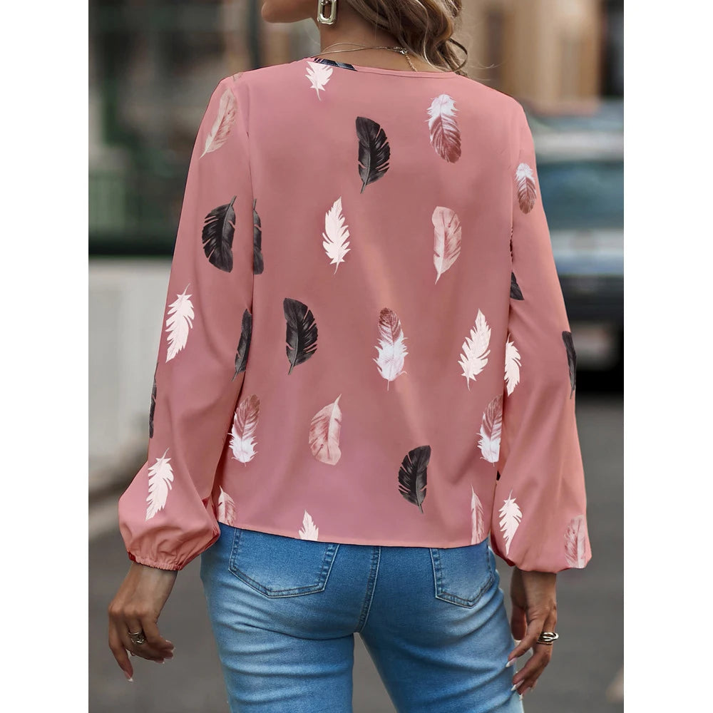 Fashion Woman Blouse Shirts For Women'S Stylish Top Long Sleeve Feather Pattern Female Tops Elegant Chiffon Mujer Woman Clothes