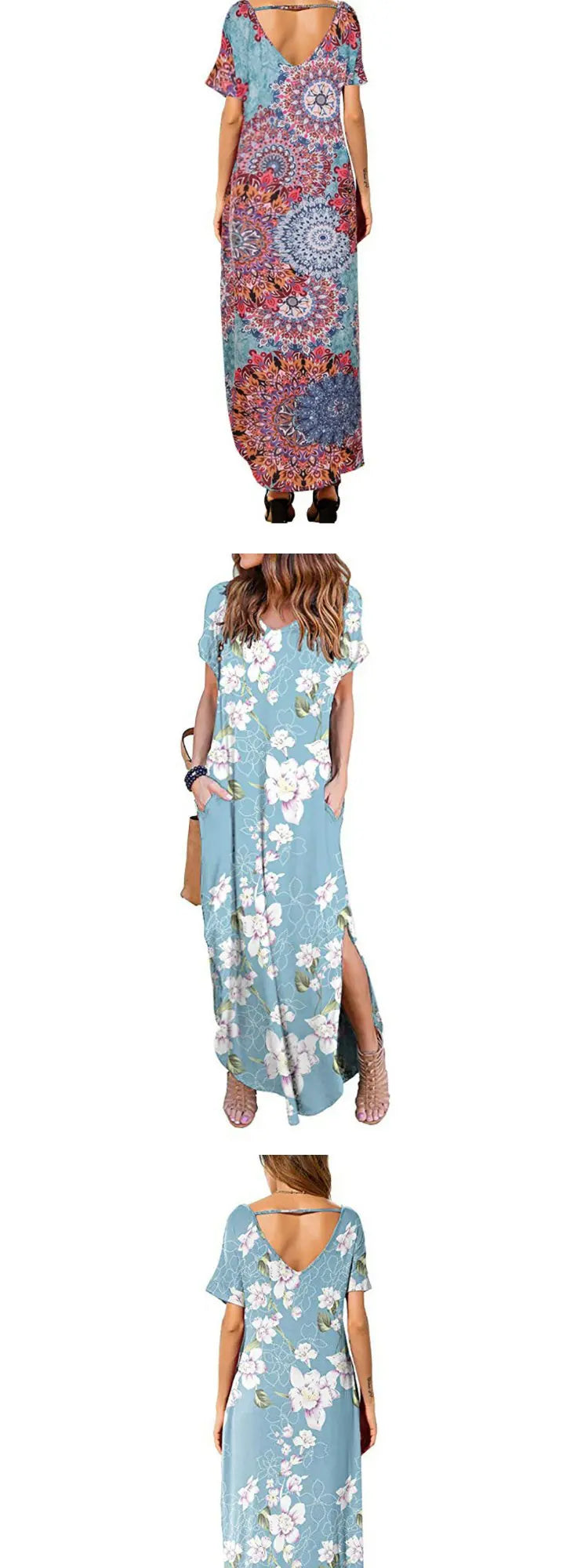 Pure Color Splice Short Sleeve V-Neck Slit Long Dress Loose Fit Women's Summer Cotton Polyester Maxi Dress Citywalk