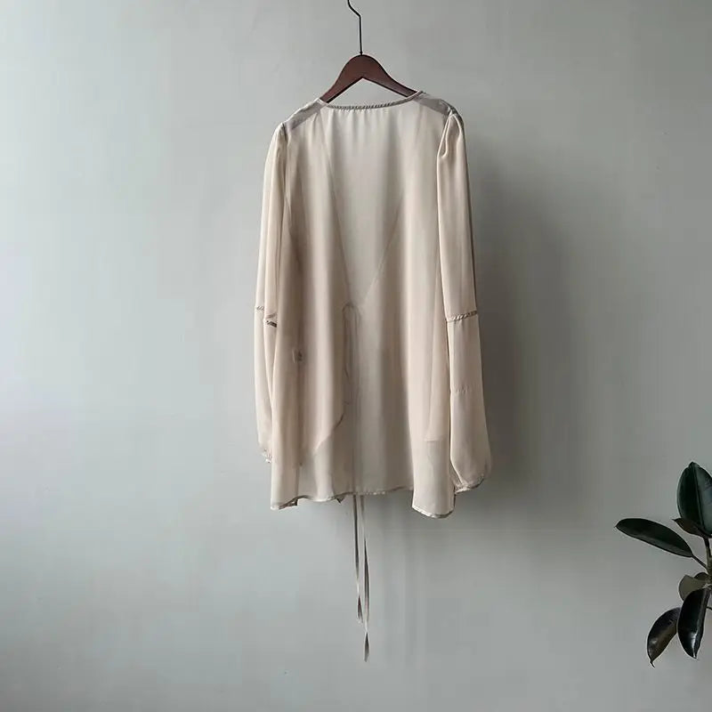 Shirts Women V-neck Loose Long Sleeve Open Stitch Korean Style Lace-up Simple Solid Summer Chiffon Breathable Minimalist Stylish