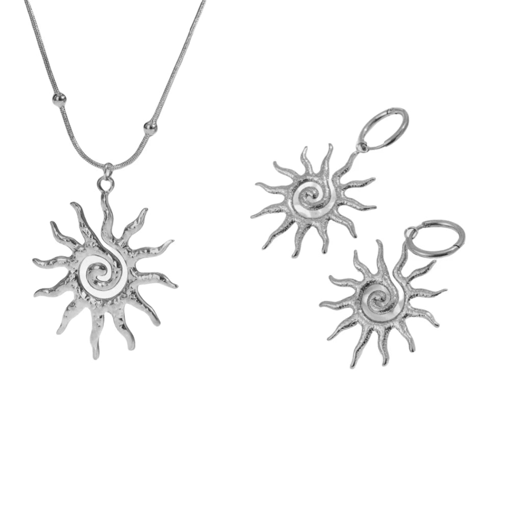 Fashion Vintage Chic Sun Shaped Pendant Necklace Stainless Steel Earrings Statement Fashion Jewlery Accessories