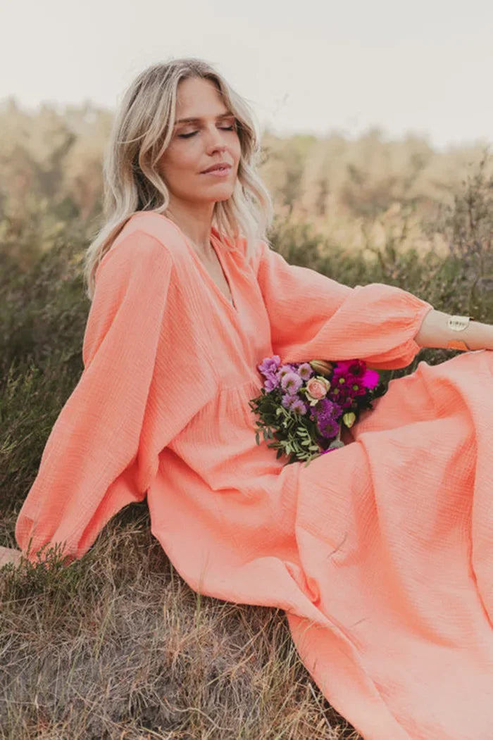 100% Cotton Gauze Muslin Night Dress For Women Sexy V-Neck Long Sleeve Maxi Party Birthday Dress Beach Boho Sundress