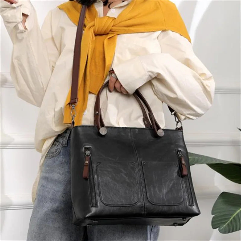 Retro Leather Handbag Shoulder Bag for Women with Double Pocket, Large Capacity, Vintage Lady's Tote Bag, Simple Crossbody Bags