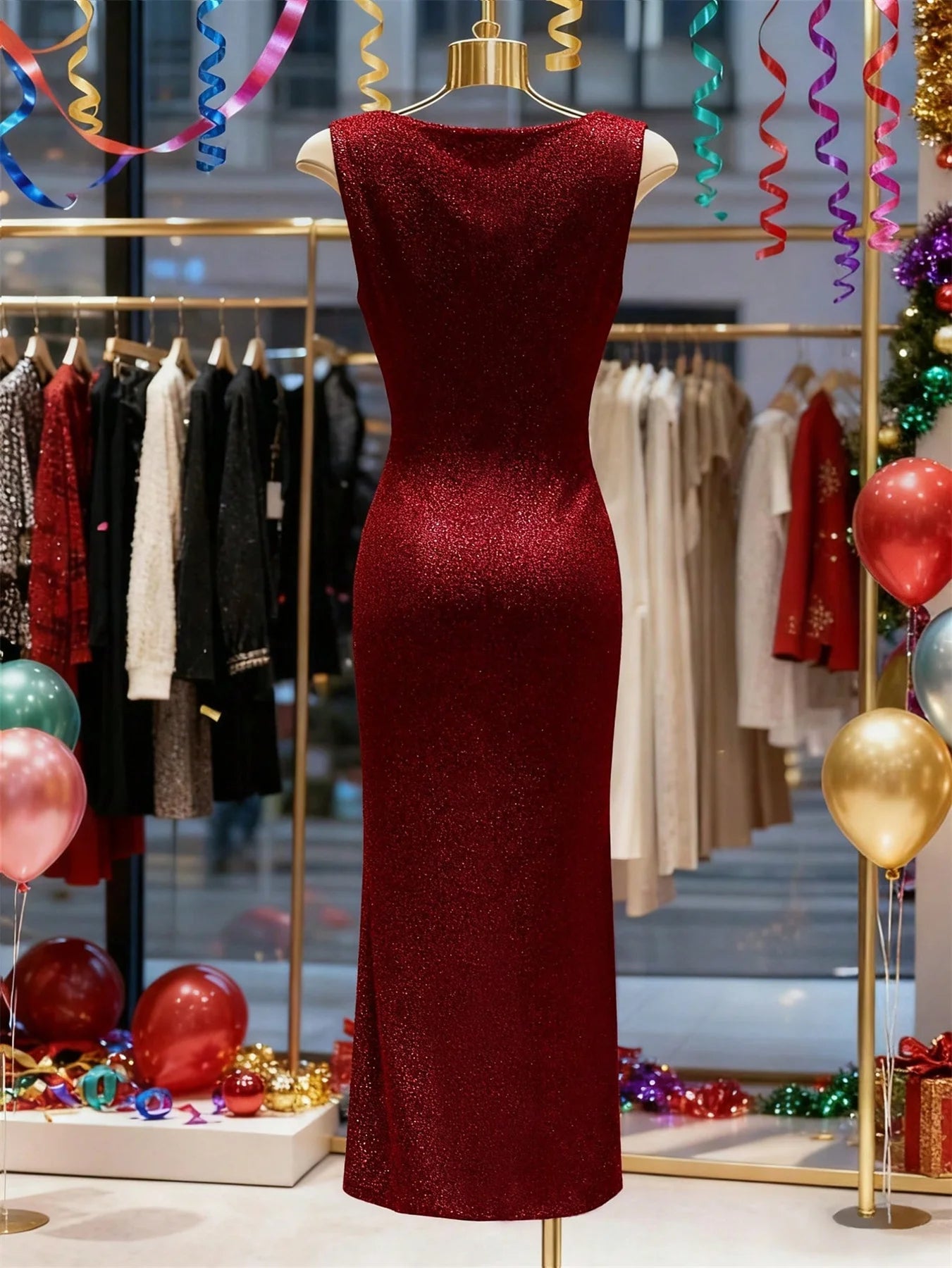Summer Fashion New Arrivals: Elegant, Sleeveless, Sparkling, Body-Con Plunge Dress Evening Gown