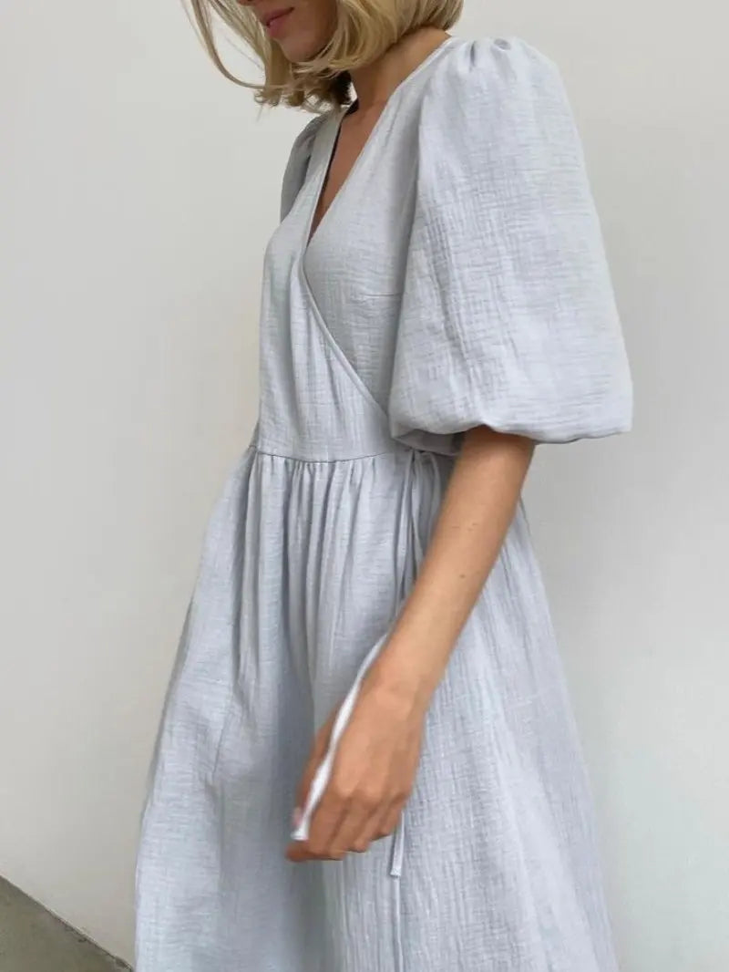 Long Dress Women Dresses Vestidos Lace Up V Neck Puff Sleeve Solid High Waist Female A Line Office Lady Summer 2025 Maxi Gown