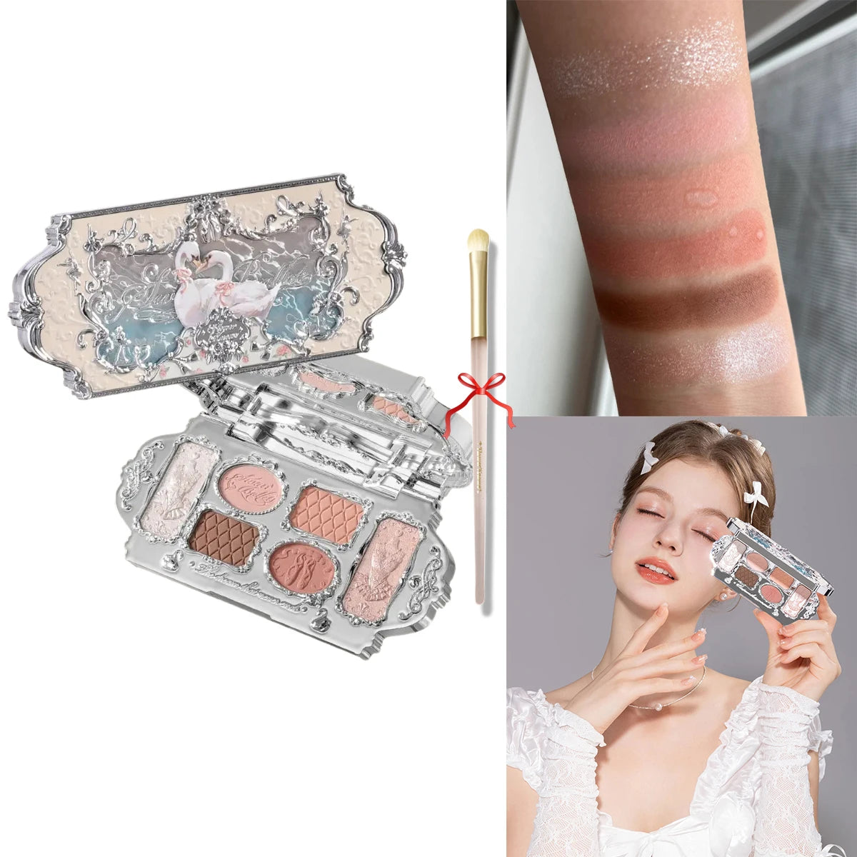Flower Knows Swan Ballet 6 Color Eyeshadow Palette Matte Shimmer Pearl Glitter Waterproof Highly Pigmented Long Lasting Makeup