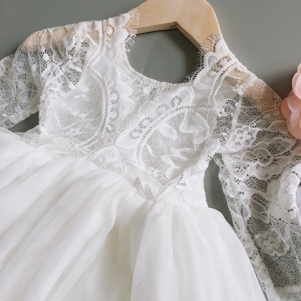 Toddler Girl Ruffles Bridesmaid Dress for Kids Lace Open Back Long Sleeve Tutus Flowers Girls Wedding Costume Clothing