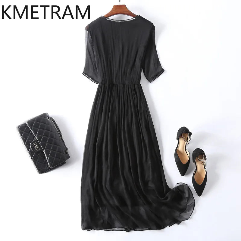 KMETRAM 100% Natural Mulberry Silk Dresses 2025 Woman Summer Elegant V-neck Long Dress Party Frocks Women Clothing Vestidos