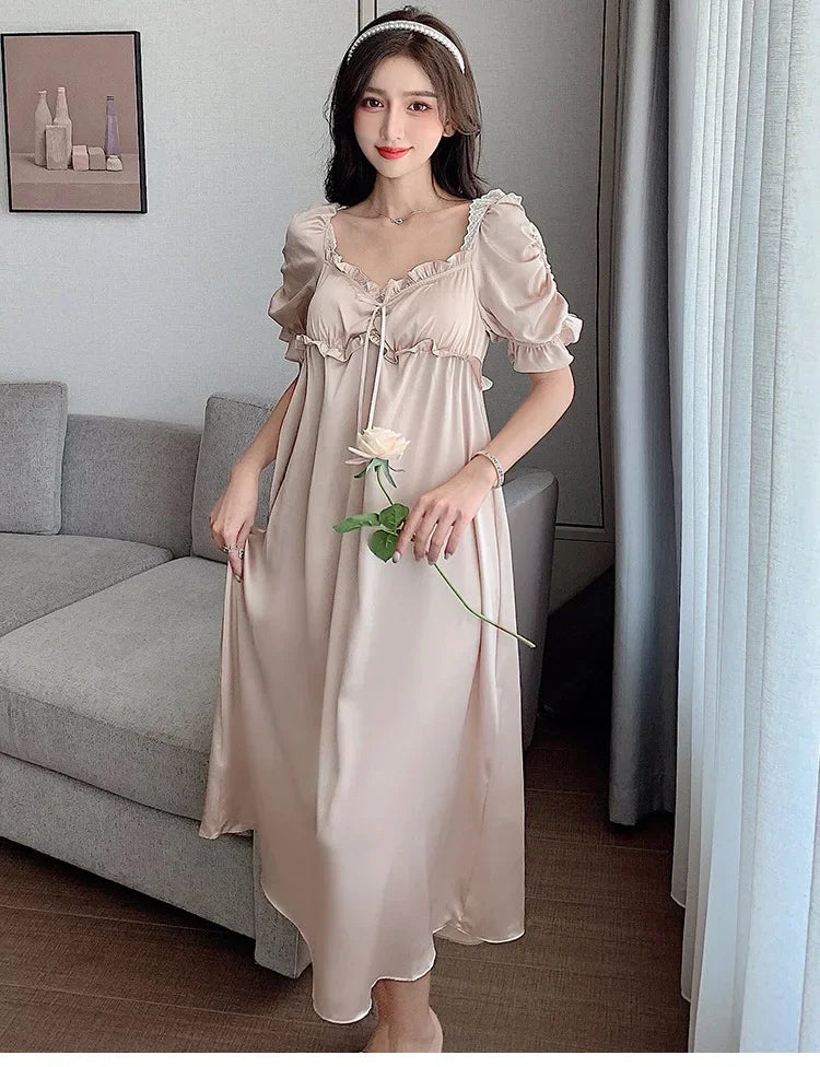 Satin Long Nightgown Women Sweet Lovely French Sleepwear Retro Silk Short Sleeve Sleepshirt Ladies Fashion Nightdress Home Dress