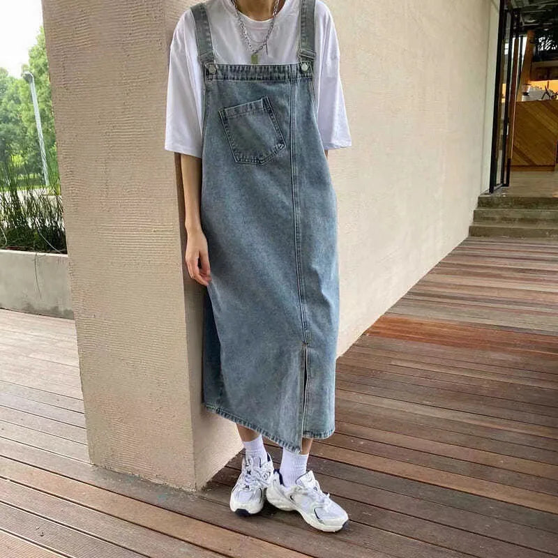 New Irregular Split Cowboy Denim Dress Women'S Sleeveless Jeans Dresses Fashion Female Solid Casual Loose Strap Dresses