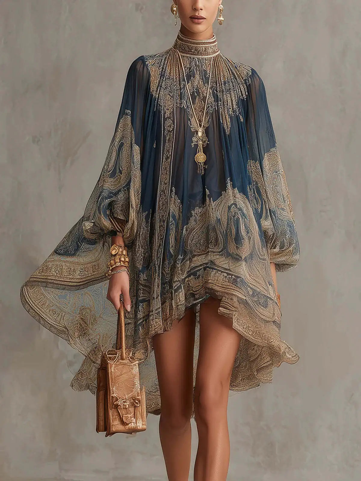 New European-style High-neck Printed Chiffon Dress with Loose, Casual Vacation-themed Shawl Sleeves.