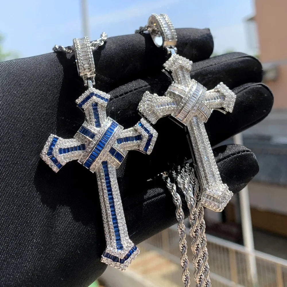 14K Gold Long Lab Moissanite Cross Pendant Wedding Pendants Necklace For Women'S Men Hiphop Jewelry