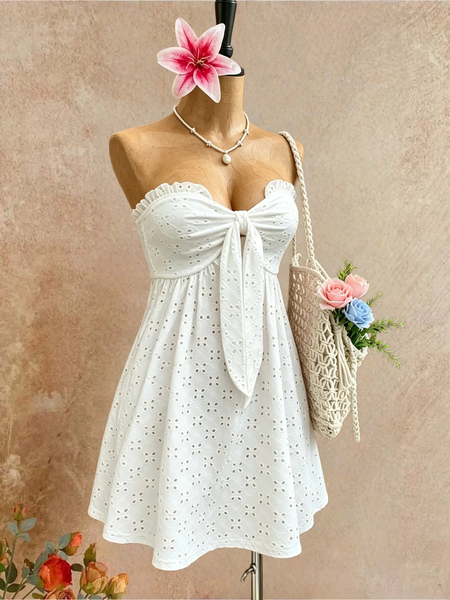 Women Strapless Ruffle Bust Front Tie Cutout Eyelet Embroidery A Line Mini Dress Solid White Summer Beach Flowy Short Dress