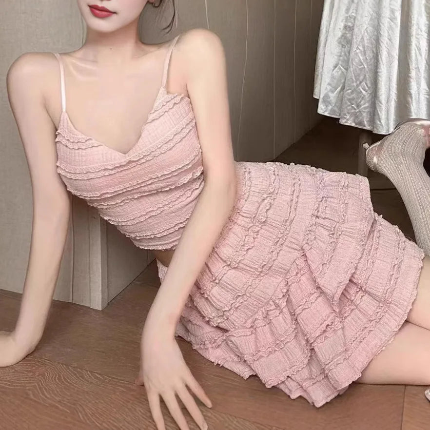 Ballet Style Puffy Short Skirt Women Summer Lace Crop Top Design Sensation Half Skirt Pure Desire Sweet And Spicy Set