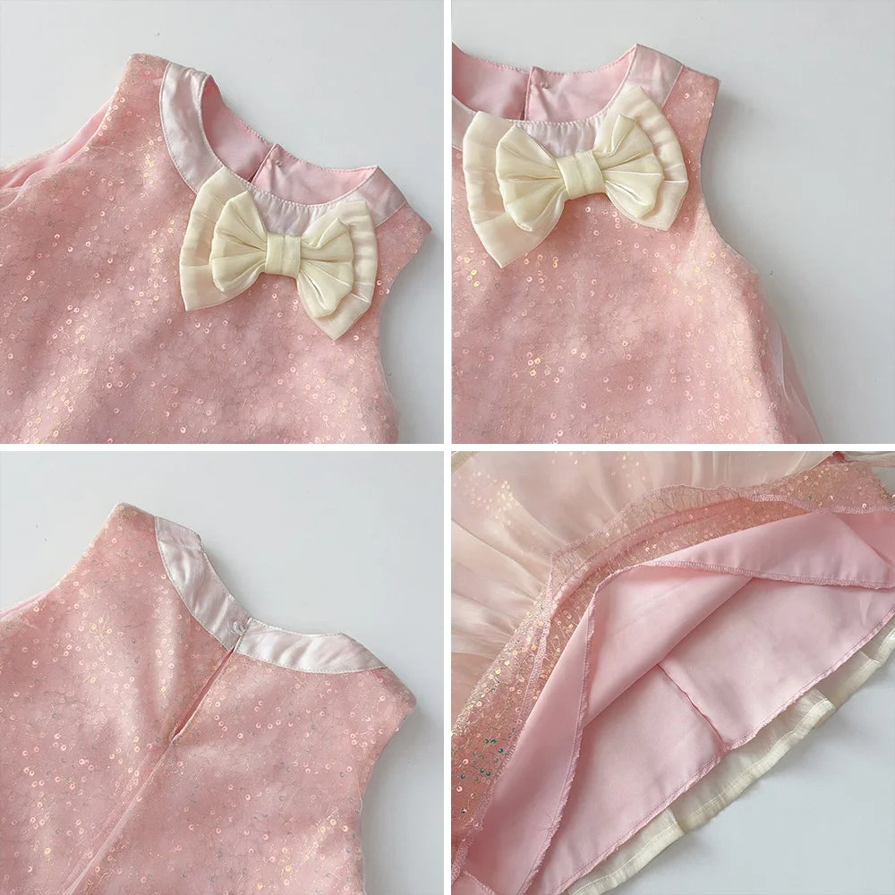 Bear Leader Bow Decoration Pink Girls Dress Summer New Sleeveless Mesh Sequin Princess Dresses Birthday Party Kids Clothes