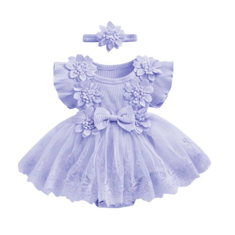 Baby Girls 3D Flower Mesh Lace Ruffle Romper Dress and Headband Set