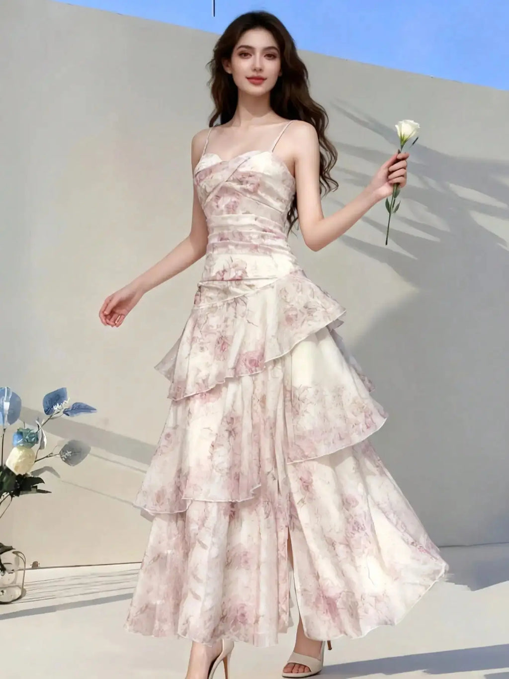 Women 2026 Summer Light Pink Floral Cami Tiered Chiffon Maxi Dress Spaghetti Strap Split Flowy Dress Wedding Guest Party
