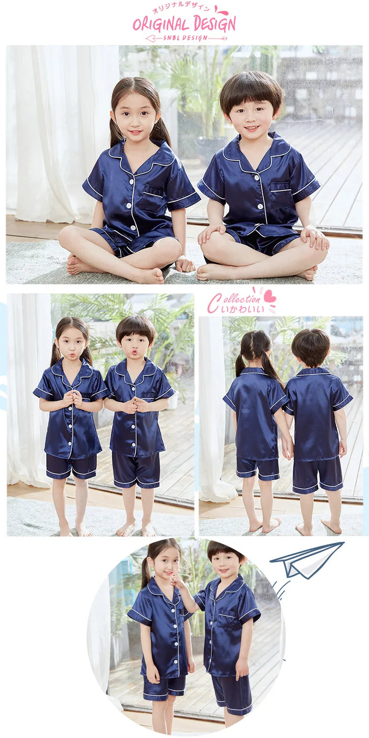 Purple Satin Pajamas Sets for Girls Outfit Sleepwear Set Silk Short Sleeve Pijama Toddler Boy Children's Clothing Kids Home Wear