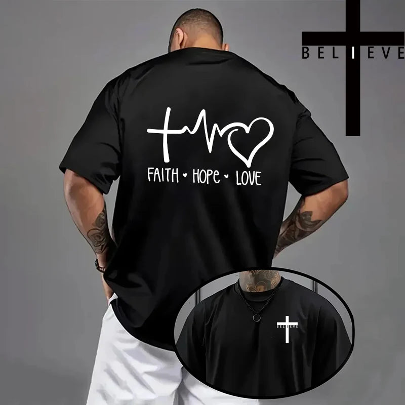 Spring Summer Daily Casual Fashion Jesus Cross Cotton Tees Christ Print T-shirt Men High Quality Pure Color Short Sleeve Top