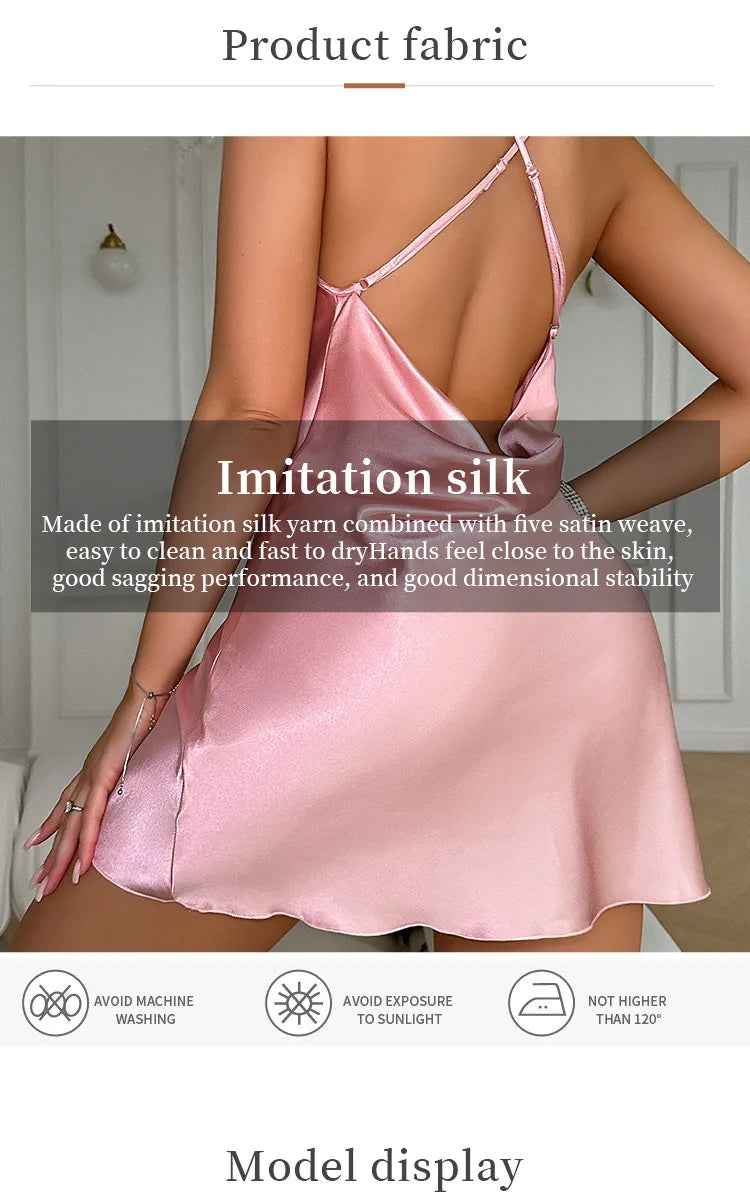 Sexy Lace Satin Silk Mini Dress Women Nightdress Sleepwear Cross Strap Pile Pile Collar Slip Backless Night Dress Pajamas