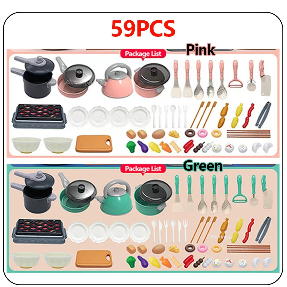Juego de juguetes de cocina para niños de 92/69/59 piezas, kit de accesorios de cocina de juego con ollas de juego, comida de juguete de simulación, regalo para niñas y niños pequeños