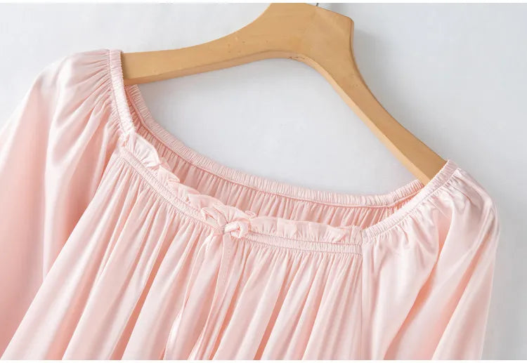 Women's Spring/Summer New 92% Natural Mulberry Silk Elastic Satin Solid Loose Sweet Wind Long Sleeve Home Clothes Nightdress