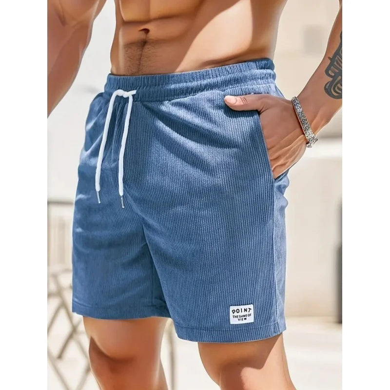 Summer Men's Solid Corduroy Shorts with Drawstring Casual Elastic Waist Fit for Outdoor Daily Activities Streetwear