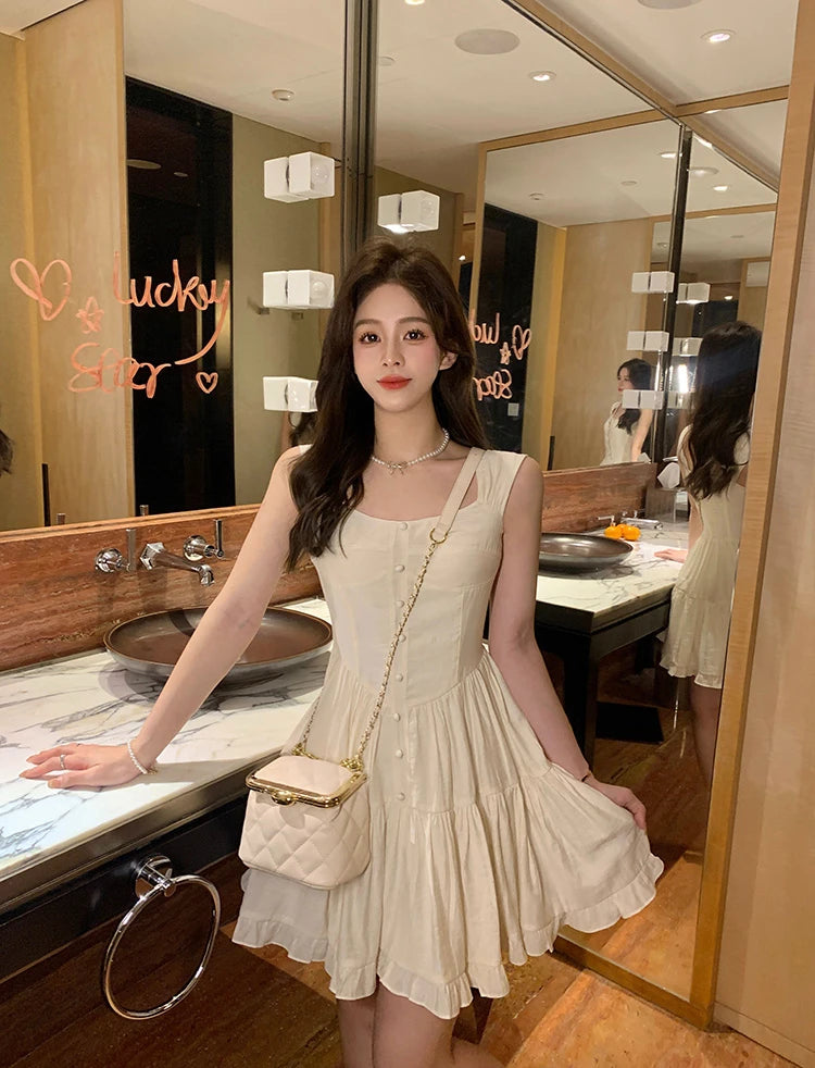Sweet Style Dopaamine Sleeveless Strap Dress Women's New 2026 Beach Vacation Beautiful Dress High Waist A-Line Korean Style