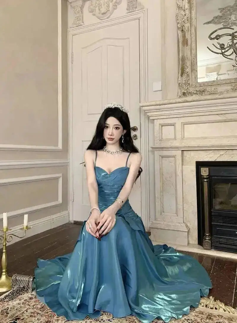 LGRQ 2026 Summer Blue Niche Strap Dress Fishtail Elegant Long Dresses Solid Color Female Elegant Party Gown 19DA2013