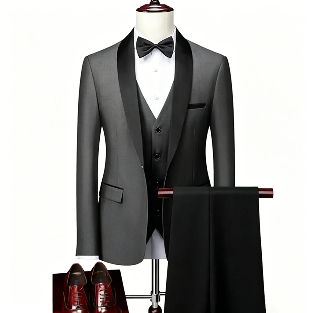 US Size XXS-3XL Men's 3 Piece Tuxedo Suit Set, Black Satin Shawl Lapel Slim Fit Blazer Vest Pants for Wedding Groom Party Prom