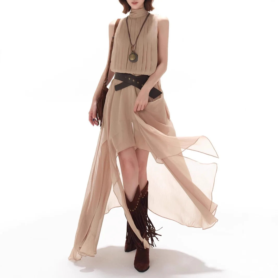 Elegant Casual Sleeveless Chiffon Vest Dress Original Design Long Skirt Drifting Hemline Polyester Fabric Shirt Pattern Stitc...
