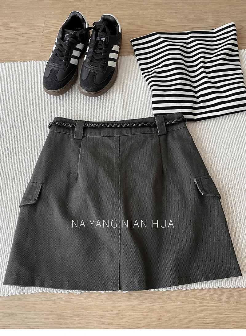 Beiyingni American Style Women's Short Denim Skirt Belt Vintage Fashion Summer High Waist A-line Skirts Female Streetwear Skirt