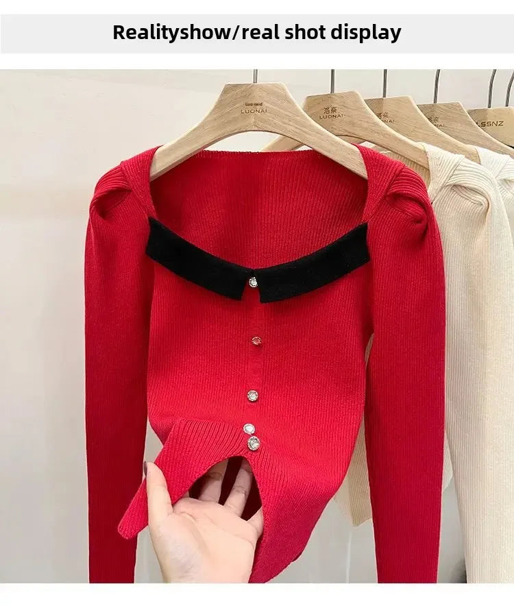 Women's Knitted Short Sweater Square Collar Base Shirt Color Collision Design Sensation Autumn Winter Special Edition Top