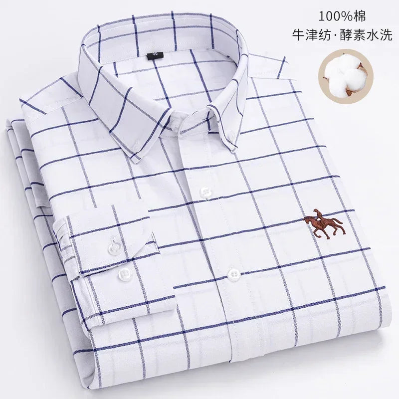 Premium Pure Cotton Oxford Shirt For Men Long Sleeve With Embroidered Horse Design Regular Fit White Dress Shirt