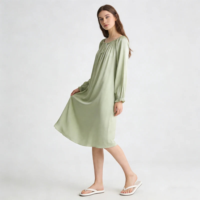 Women's Spring/Summer New 92% Natural Mulberry Silk Elastic Satin Solid Loose Sweet Wind Long Sleeve Home Clothes Nightdress