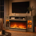 70" Farmhouse TV Stand with 3-Sided Electric Fireplace, Wash Grey